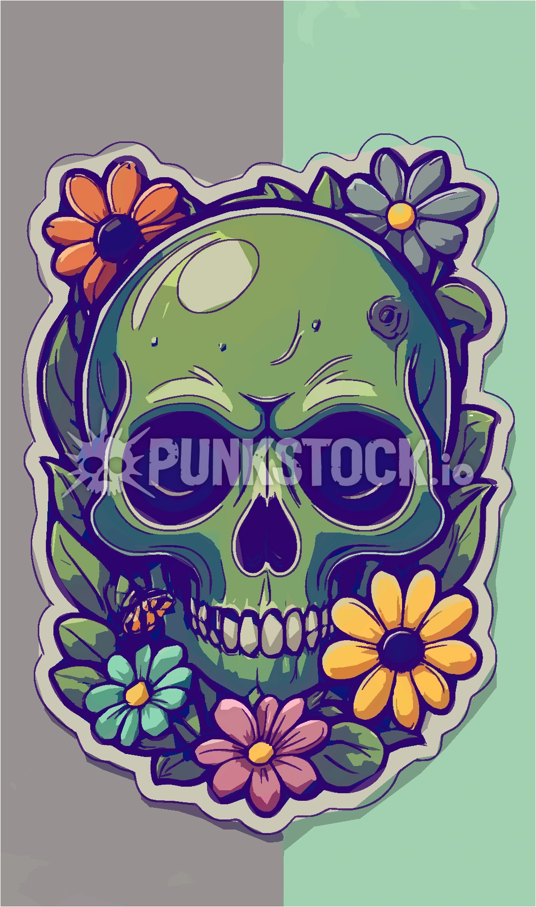 Skull green flowers vector graphic