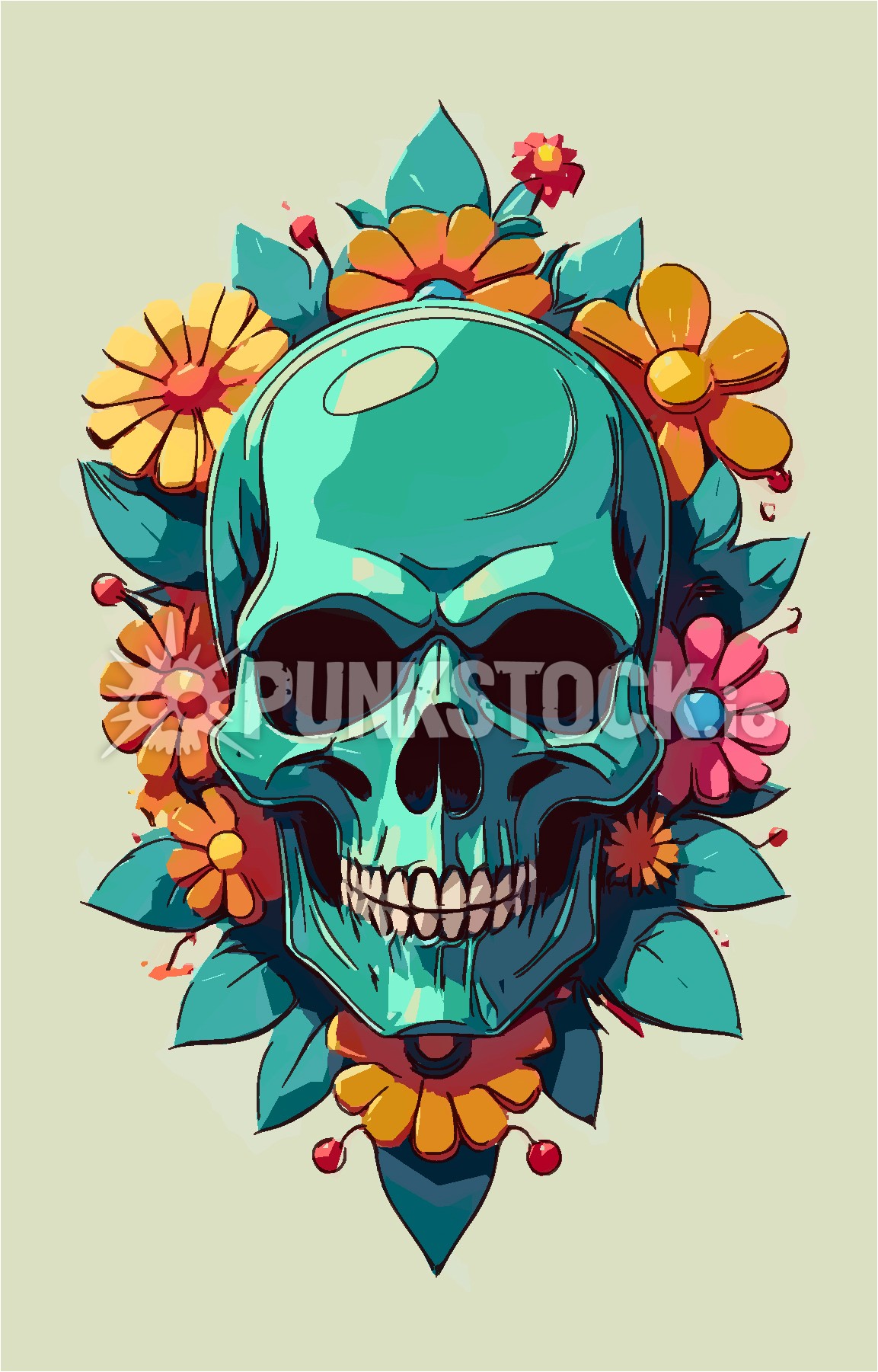 Skull blue flowers vector graphic
